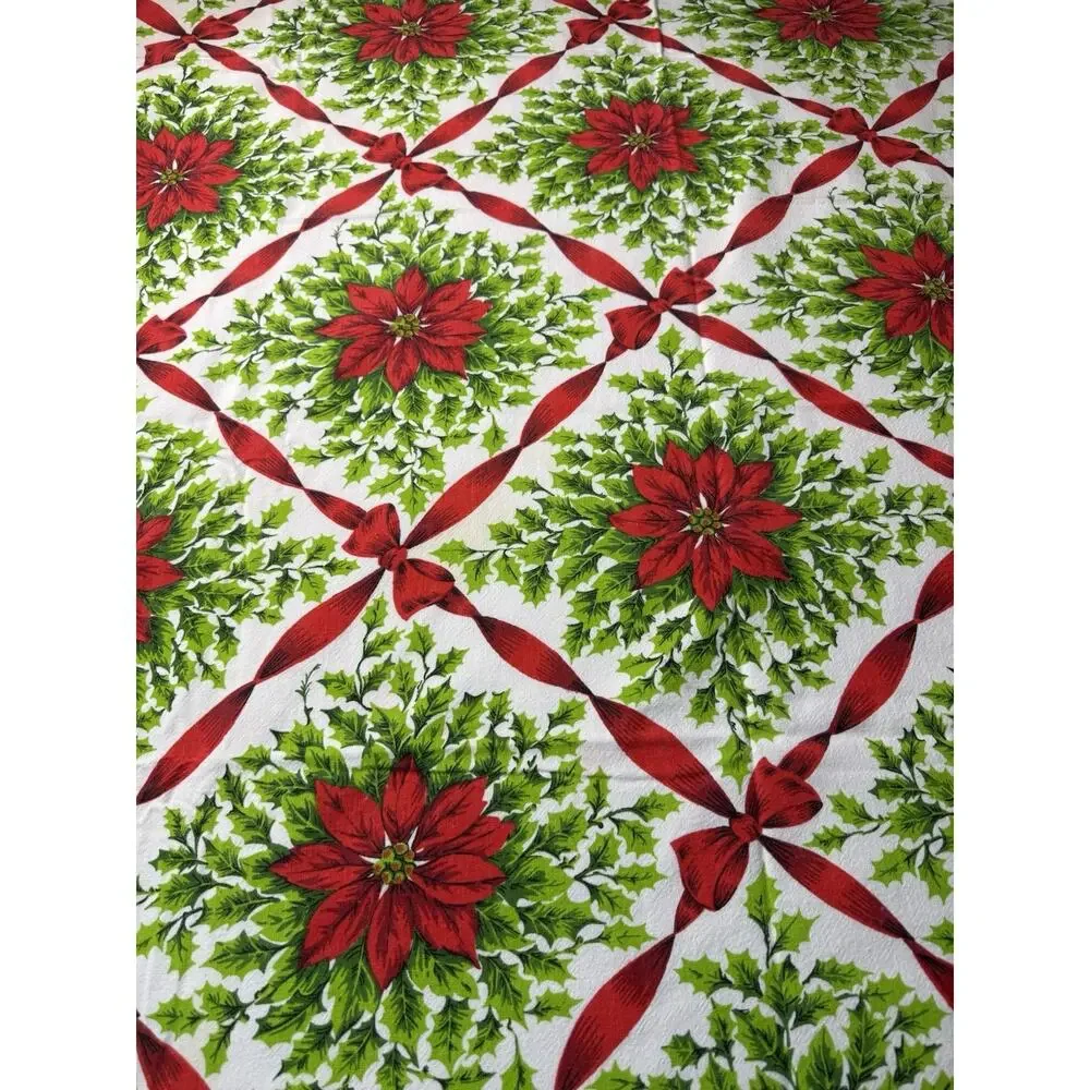 VTG Christmas Decor Tablecloth MCM Poinsettia Holly Ribbon 50x64 Red Green White